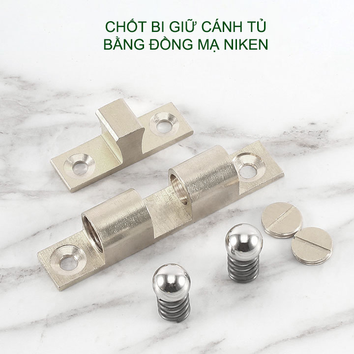 01 Chốt bi cho cánh tủ bằng đồng mạ niken, có điều chỉnh độ chặt, có nhiều cỡ cho khách lựa chọn