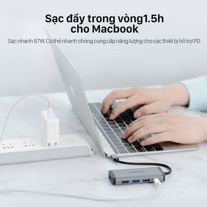 Cáp chuyển đổi Type-C sang HDMI + 3 cổng USB 3.0 + Type-C PD Vention CNBHB - hàng chính hãng