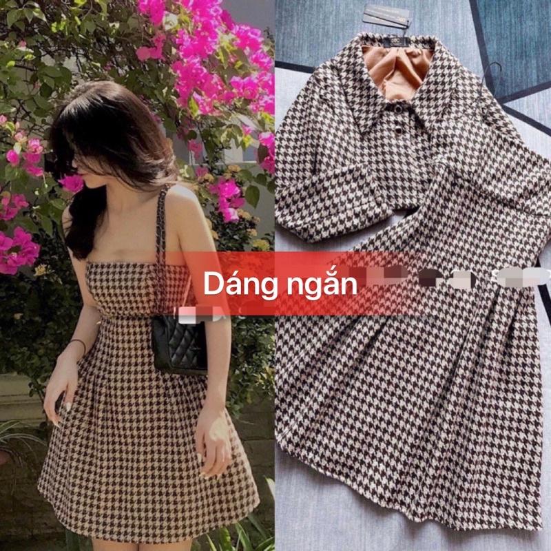 Bộ Váy Dạ Kèm Áo Khoác Croptop Caro, Set Váy Dạ Kèm Khoác Blazer Họa Tiết Caro / Size S-M / Cáo Hồng Shop