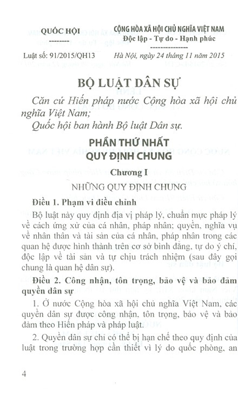 Bộ Luật Dân Sự  Nước Cộng Hòa Xã Hội Chủ Nghĩa Việt Nam (Có Hiệu Lực Thi Hành Từ Ngày 01/01/2017)