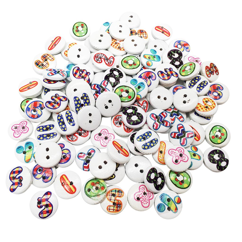 100Pc DIY Mixed Number Pattern 2 Holes Wood Buttons Sewing Scrapbooking 13mm