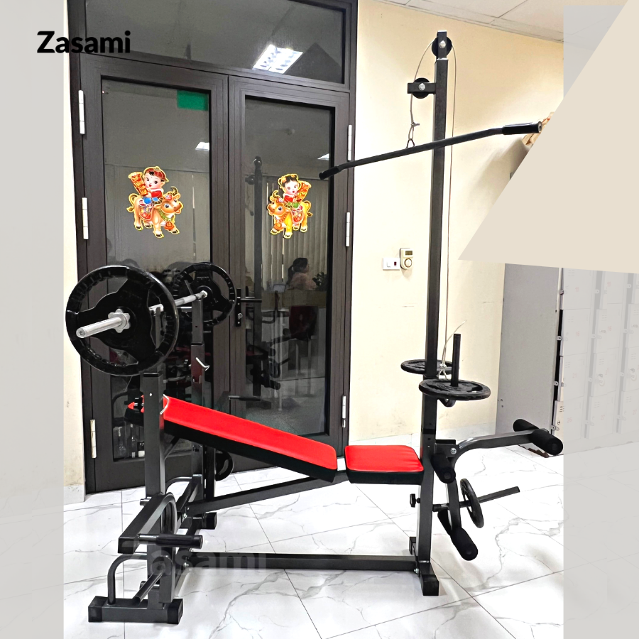 Giàn tạ đa năng 8210 Zasami kèm 50kg tạ gang , đòn tạ 1m5, 1 găng tay tập tạ ( Màu ngẫu nhiên )