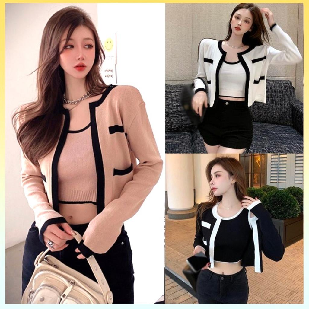 [L2M] SET (2 MÓN) áo khoác TAY DÀI kèm áo hai dây Cardigan len dệt kim Quảng Châu cực xinh và thanh lịch