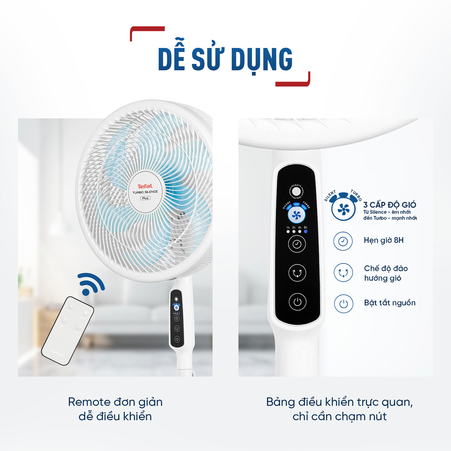 [MỚI RA MẮT] Quạt đứng có điều khiển từ xa Tefal Turbo Silence Plus VH689990 màu trắng cánh xanh - Hàng chính hãng