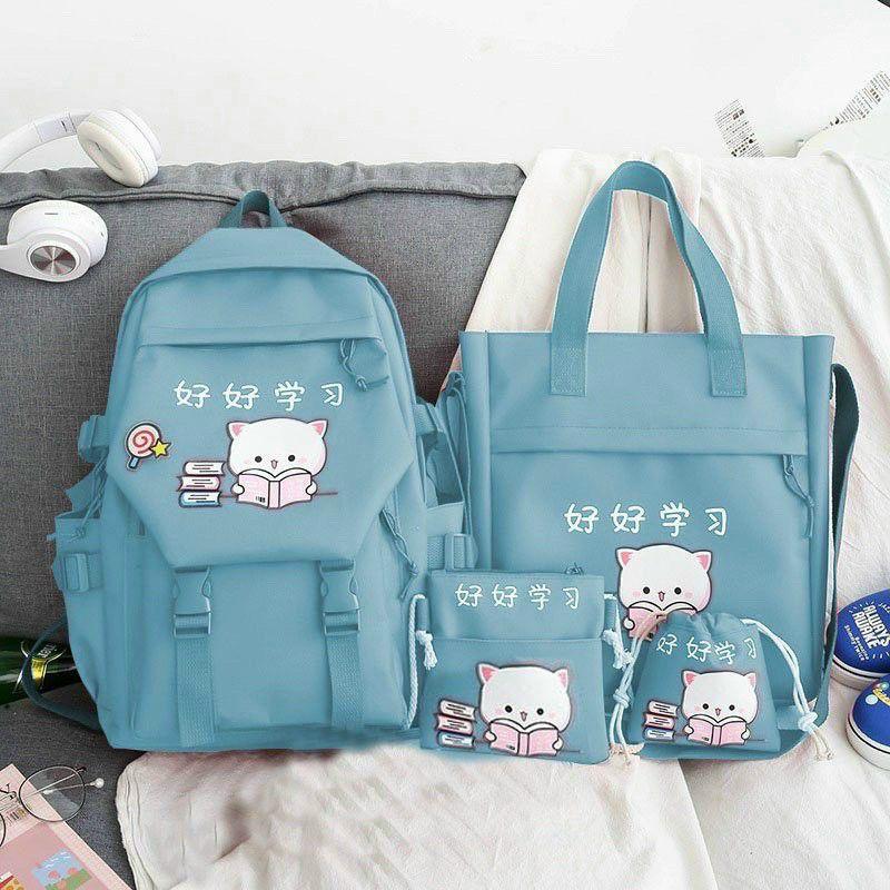 Combo balo 4 món thời trang ulzzang, Set balo 4 món đi học, balo 4 món - mèo hai khóa đọc sách