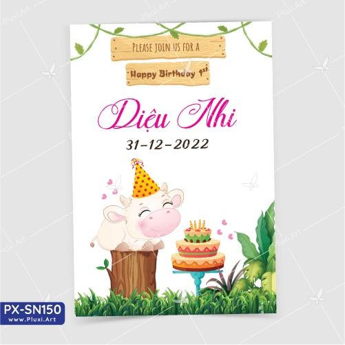 Thiệp thôi nôi – sinh nhật Pluxi bé Gái tuổi Sửu - Trâu - PX_SN150