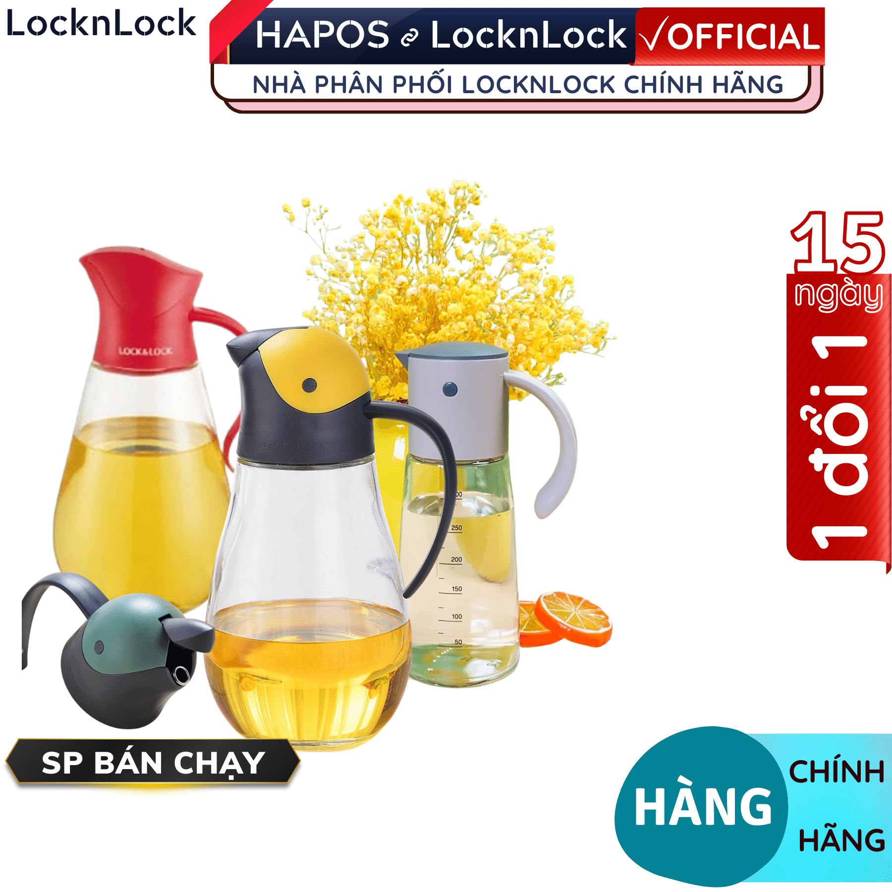 Bình Lock&Lock đựng dầu ăn bằng thủy tinh CKO101 550ml - Hàng chính hãng, nắp tự động - Hapos