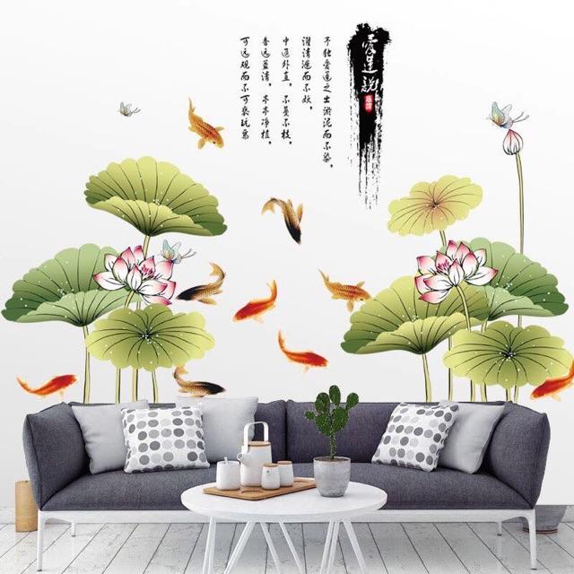 Decal trang trí Hồ Sen Cá KOI và chữ tàu tao nhã