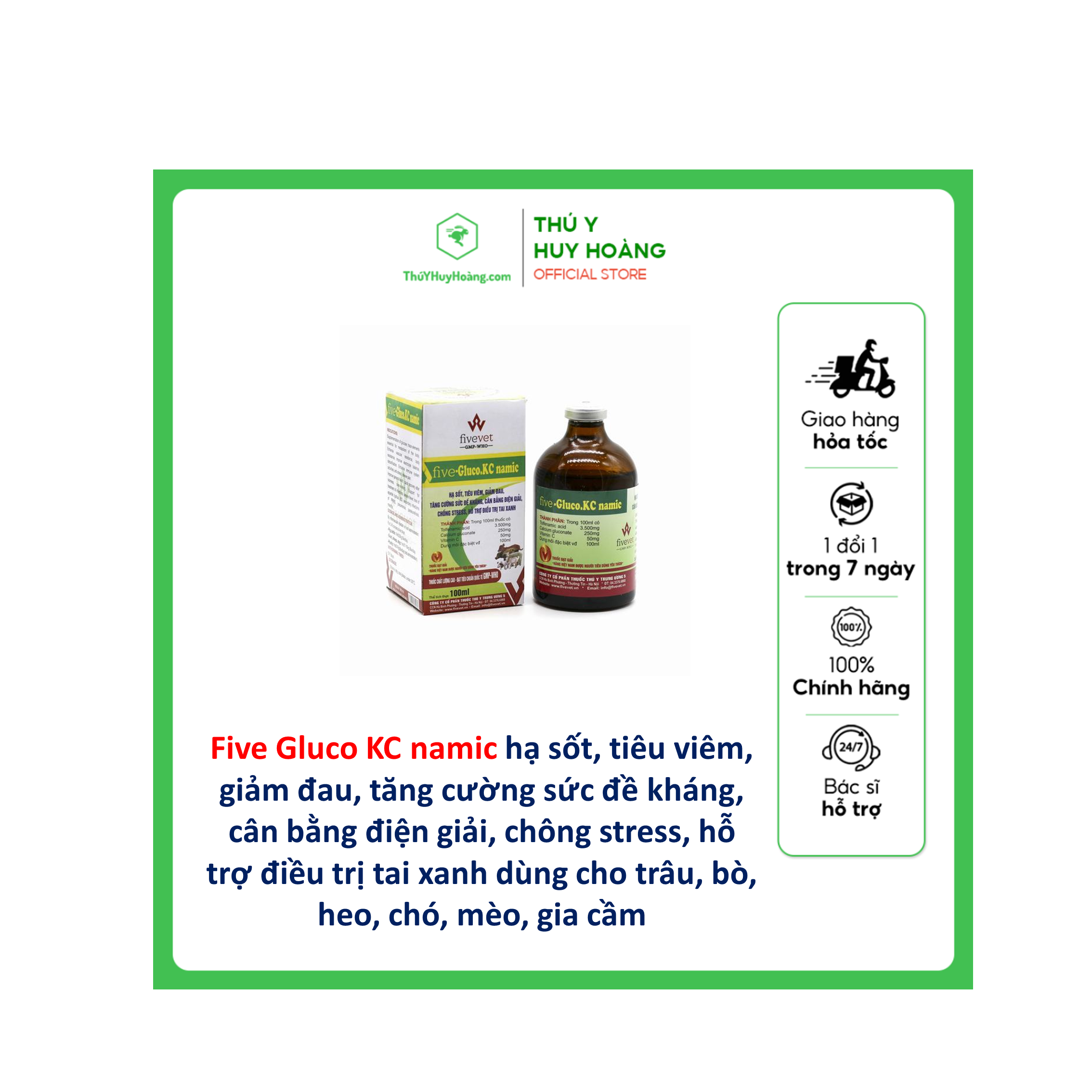 Five Gluco.KC hạ sốt tiêu viêm, giảm đau, tăng cường sức đề kháng, cân bằng điện giải, chống stress, hổ trợ đ.iều t.rị tai xanh