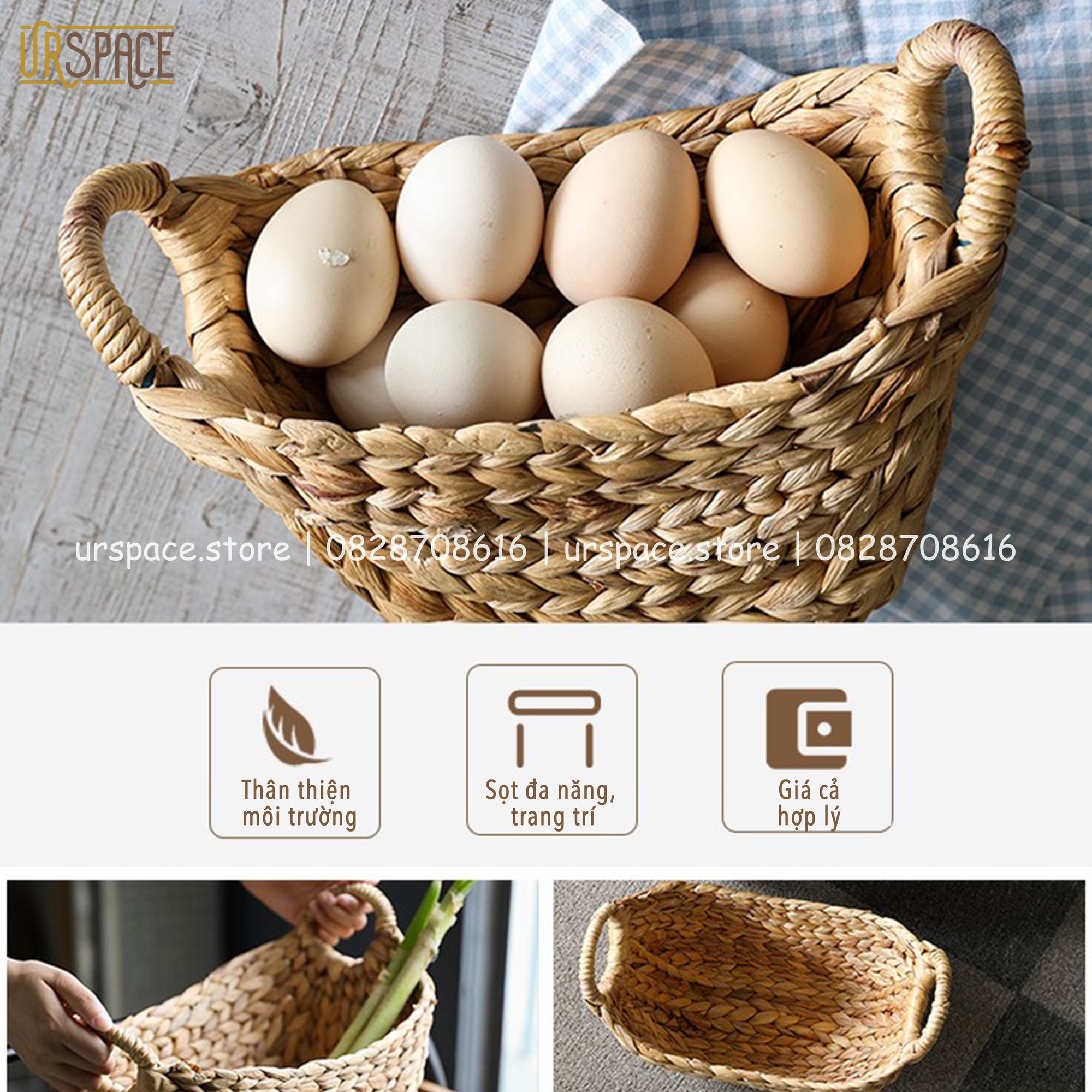 Giỏ cói đựng đồ đa năng size mini có quai cầm/ Hand-woven hyacinth curved basket mini size