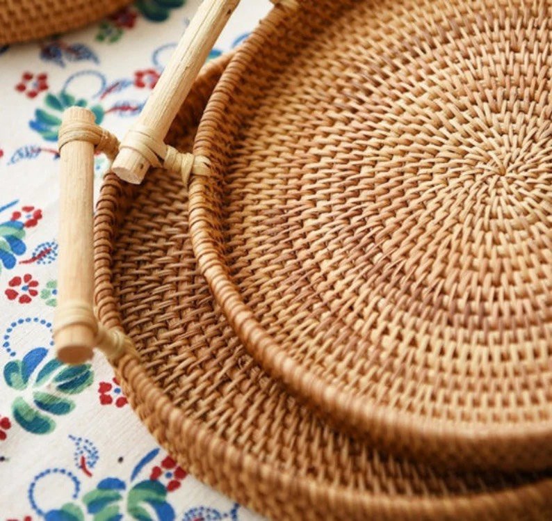 Khay mây tre đan có tay cầm bằng gỗ | Hàng thủ công mỹ nghệ cao cấp Bemiao