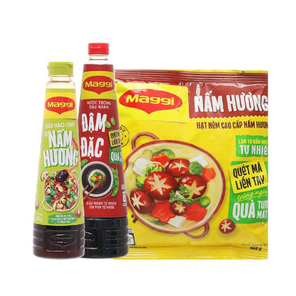 [TẶNG CHẢO ELMICH 24CM] COMBO MAGGI: Hạt nêm Nấm Hương 800g + Nước tương đậu nành Đậm Đặc 700ml + Dầu hào Nấm Hương 820g