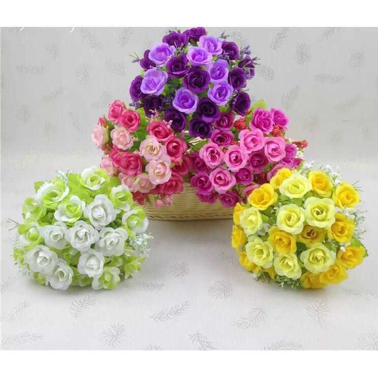 Chậu hoa giả để bàn trang trí, bông hồng masory nhí