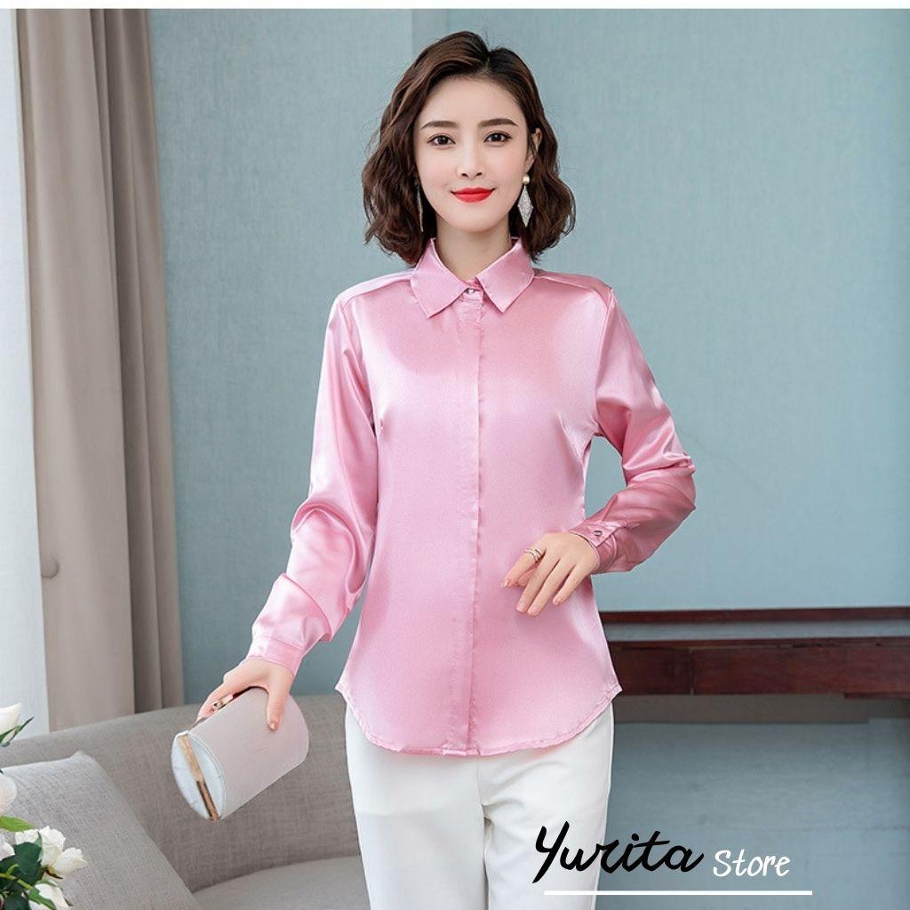 Áo Sơ Mi Nữ Công Sở Màu Hồng Cổ Đức YURITA Kiểu Hàn Quốc Vintage Ulzzang Form Rộng Dài Tay Đẹp Chất Lụa Cao Cấp A2V