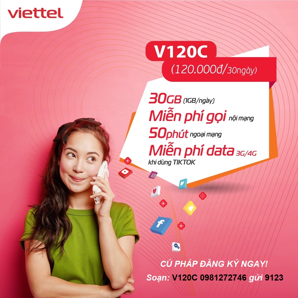 Sim DATA 4G VIETTEL V120C 2GB/Ngày - 60GB/Tháng. Miễn Phí Gọi Ngoại Mạng - Tặng 1 Tỷ Phút Gọi Nội Mạng - Miễn Phí Max Data Truy Cập TikTok. Dùng Toàn Quốc Không Bị Khoá Zone - HÀNG CHÍNH HÃNG