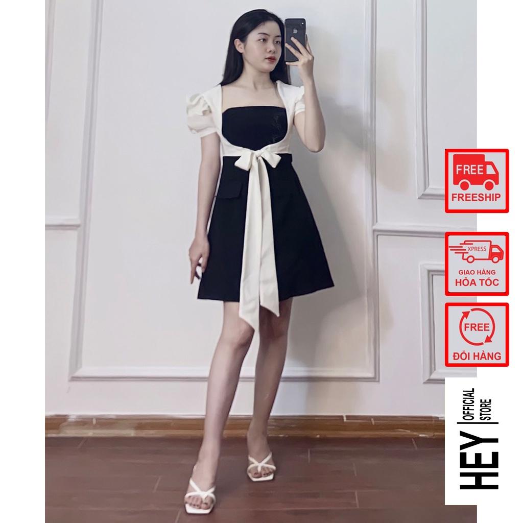 Đầm đen trắng thắt nơ dáng chữ A cá tính đủ size từ S đến XL - V91 - HEY OFFICAL