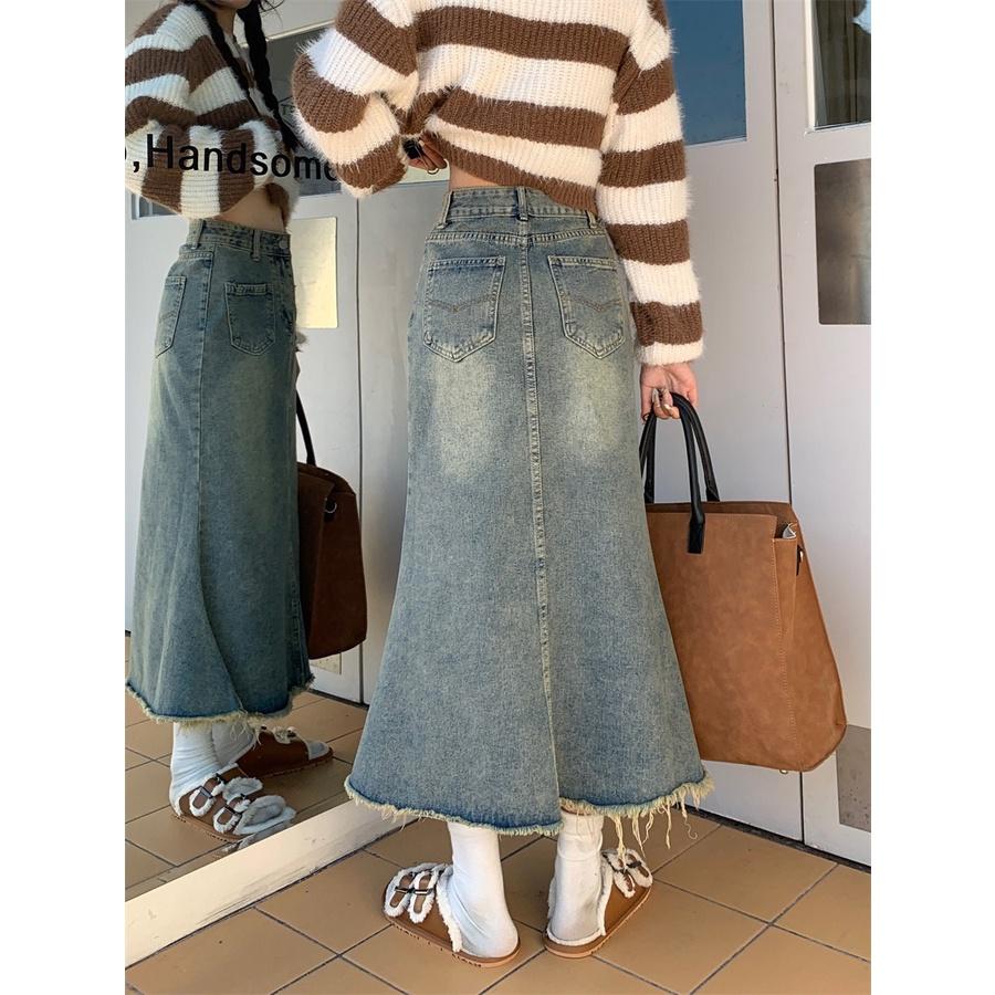 Chân váy jean đuôi cá EMIX, ulzzang, dáng dài midi, cạp cao, 2 túi trước phong cách hàn quốc 6832