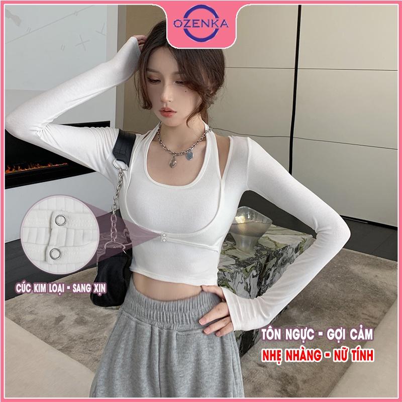 Áo thun croptop tay dài ôm body nữ , crt len tăm cotton đẹp màu đen trắng free size dưới 50kg