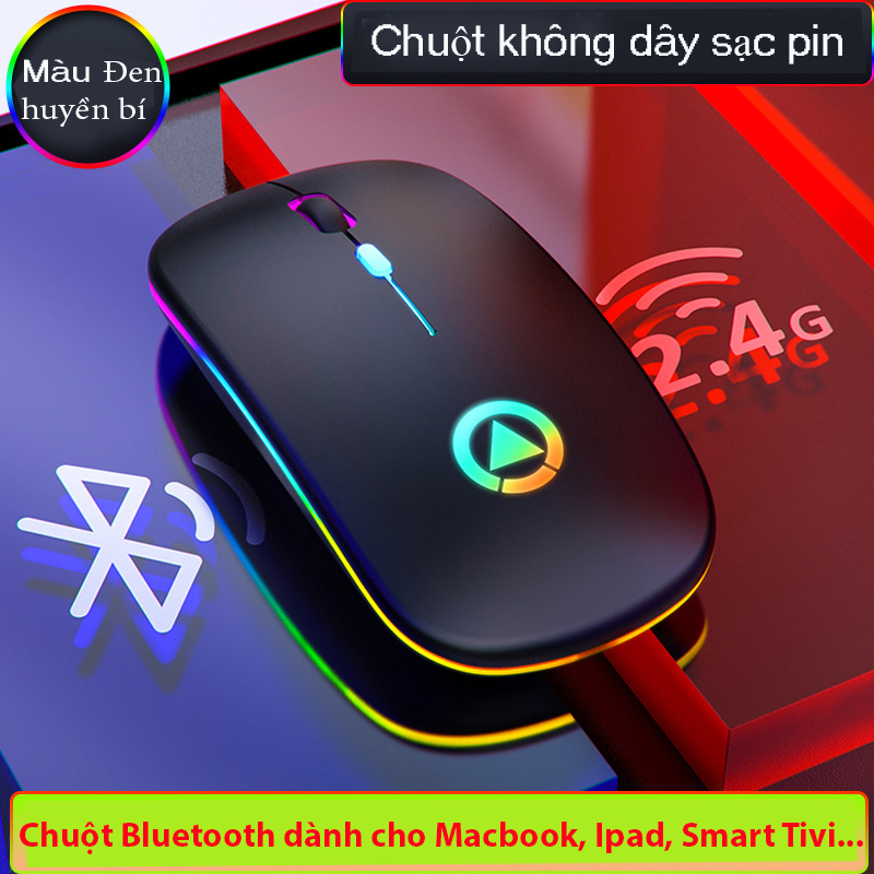 Chuột Không Dây Bluetooth Sạc Lại Khi Hết Pin Bản Cao Cấp, Chống Ồn Chế Độ Kép Wireless Usb 2.4Ghz, Bluetooth, Sạc 1 Lần Dùng 4 Tuần, Hiệu Ứng Đèn Led RGB Dành Cho Macbook, Laptop, iPad Và Smart TV