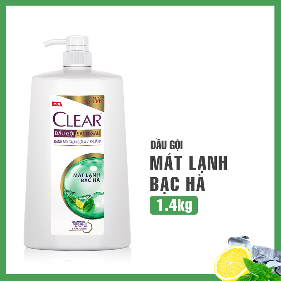 Dầu Gội Clear Sạch Gàu Dầu Gội Sạch Gàu Mát Lạnh Bạc Hà 3X Sức Mạnh Đánh Bay Gàu, Ngứa, Vi Khuẩn 1.4kg