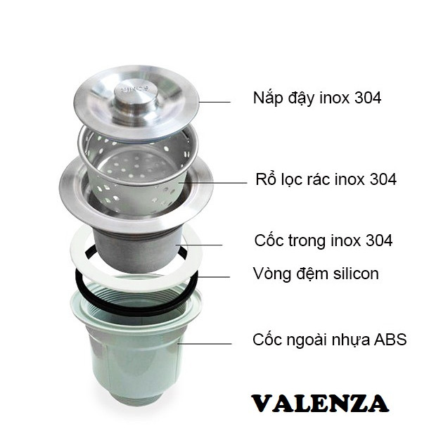 Chậu rửa chén bát inox Valenza 8245 hai hố cân kèm rá inox đa năng, bộ xiphong xả chậu