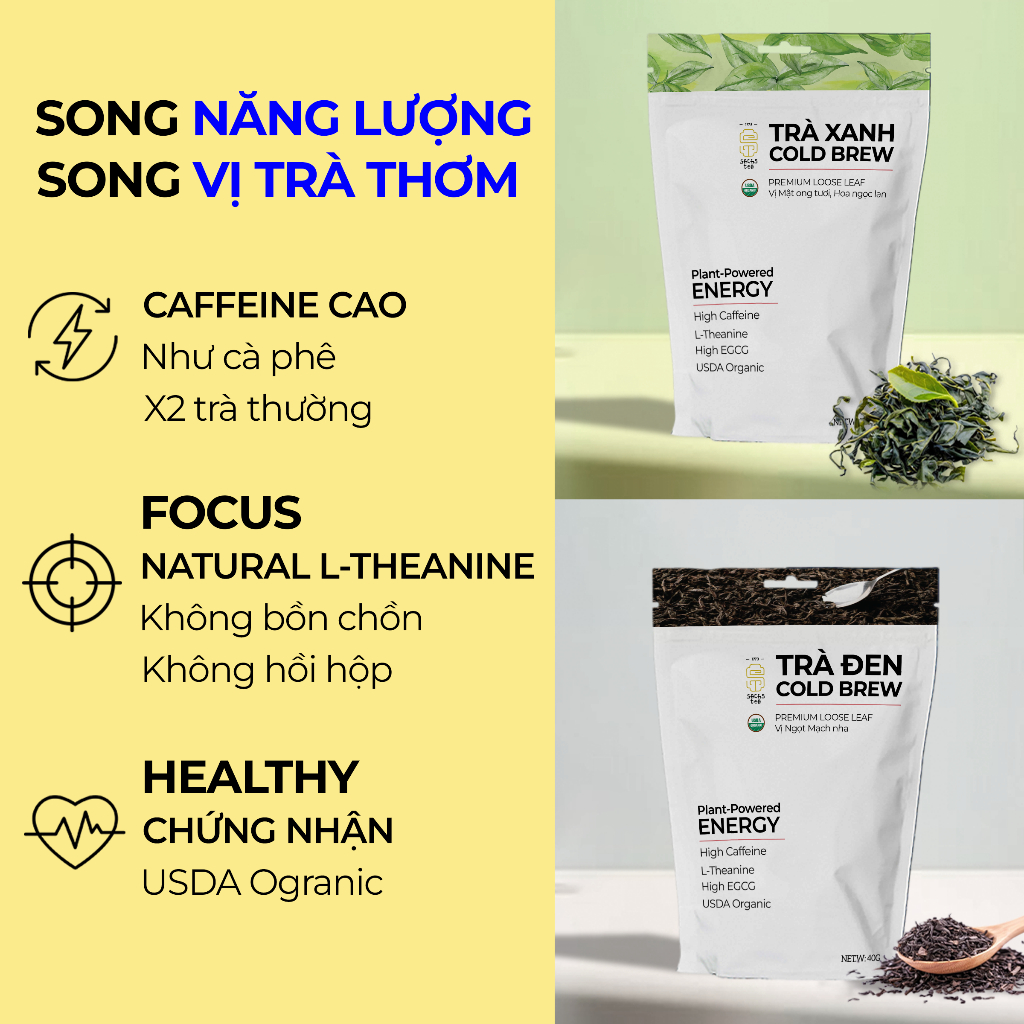 Combo Trà Cold Brew Trà Xanh &amp; Trà Đen Hữu Cơ - Chứng Nhận USA Organic, Nguyên Lá, Túi Zip 100g