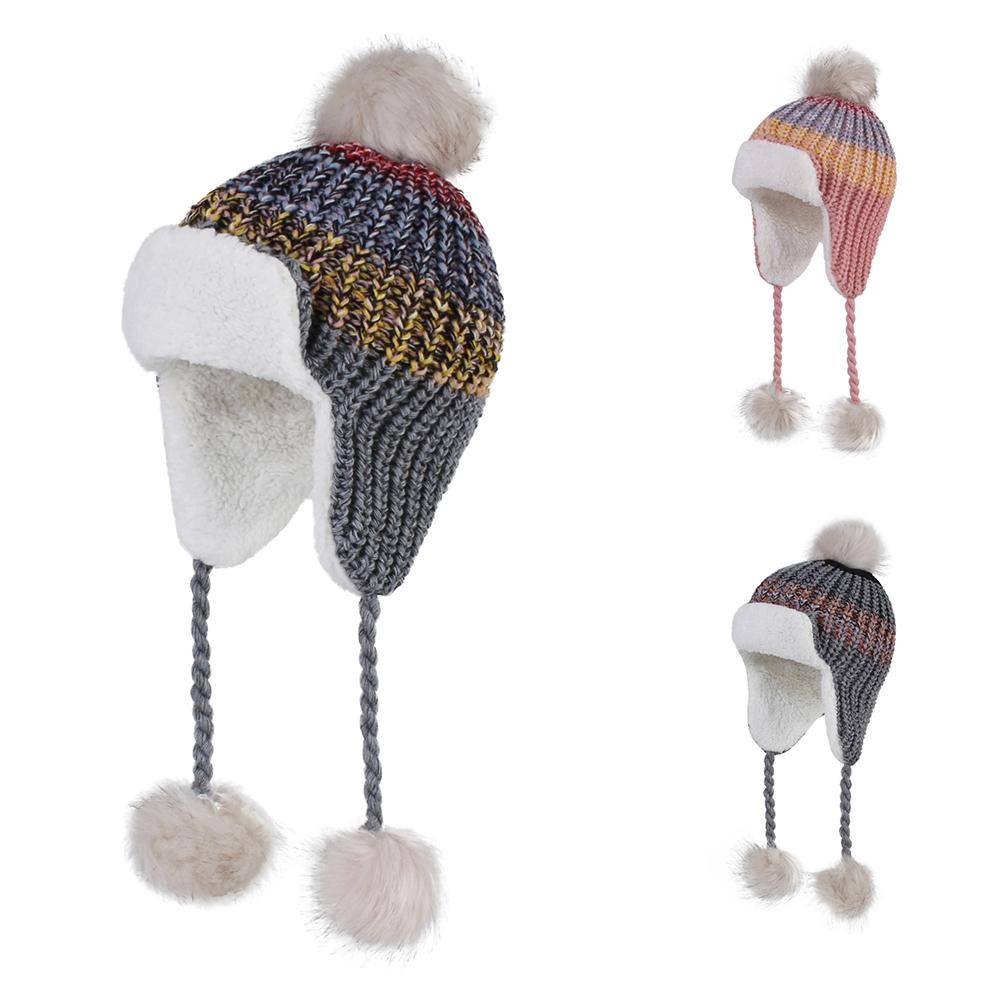 Cho Bé Mùa Đông Pompom Mũ Đan Trẻ Em Bò Cho Bé Trai Và Bé Gái Với Lót Nỉ Bomber Cho Trẻ
