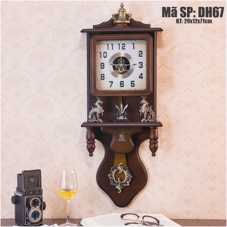 Đồng hồ treo tường tân cổ điển Châu Âu, hàng nhập khẩu, Máy Lisheng nhật Bản siêu bền, Đồng hồ quả lắc chất liệu Gỗ sồi và Đồng, Mã DH67