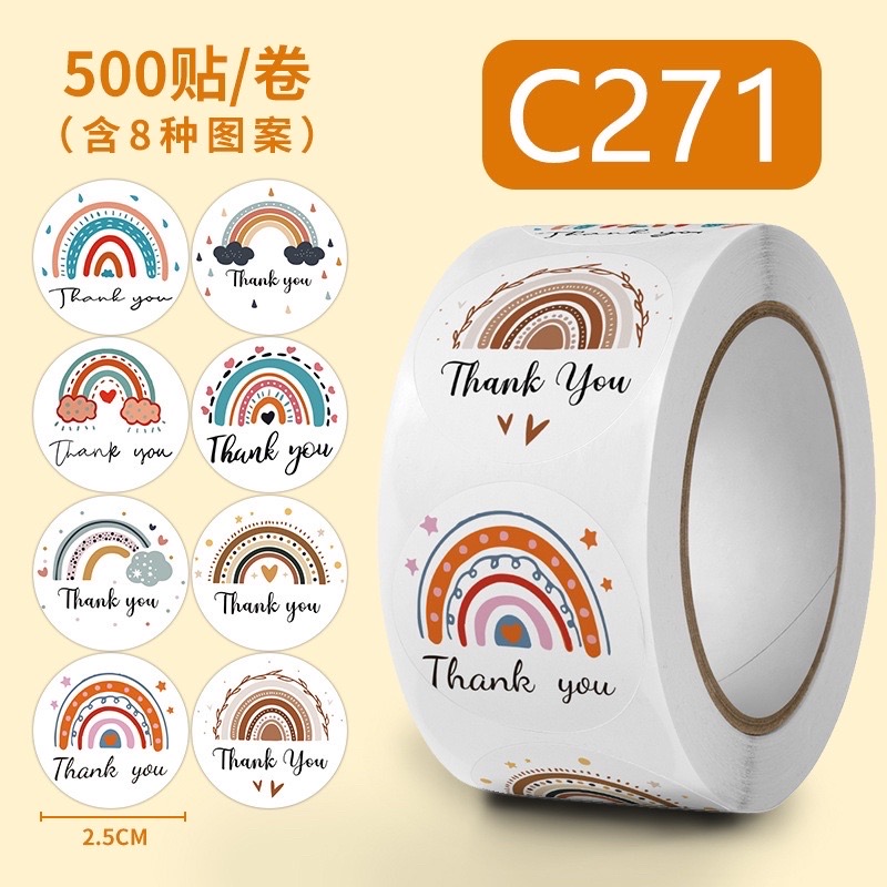 Cuộn 500 tem dán sticker thank you có keo dính size 2,5cm Cầu vòng nâu