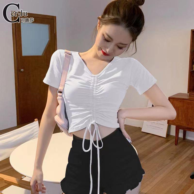 Áo Croptop Rút Dây Tay ngắn chất thun gân co giãn rút ngực buộc nơ cá tính ôm sexy cổ tim màu đen trắng
