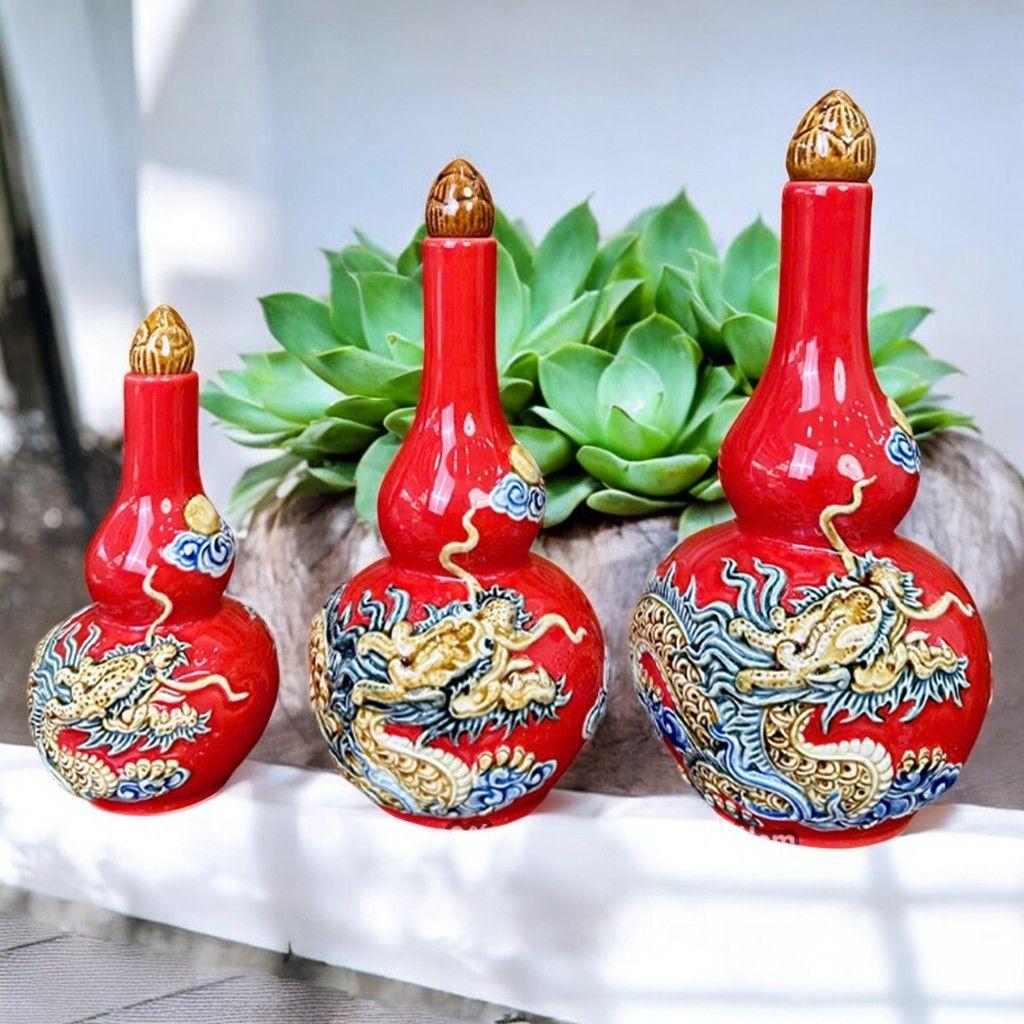 Nậm Rượu Bát Tràng Men Đỏ Cao Cấp RỒNG VIỆT – Họa Tiết Rồng, Sen, Đào Thọ, Đa Kích Thước
