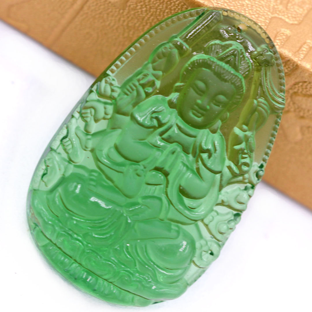 Mặt dây chuyền Phật Thiên thủ thiên nhãn pha lê xanh lá 3.6 cm kèm vòng cổ dây dù xanh lá + móc inox vàng, Phật bản mệnh, mặt dây chuyền phong thủy