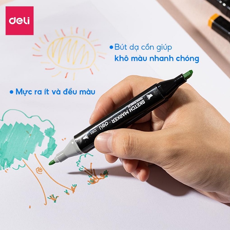 Bút màu marker 2 đầu túi vải chuyên dùng cho thiết kế - họa cụ vẽ tranh cao cấp Deli C182