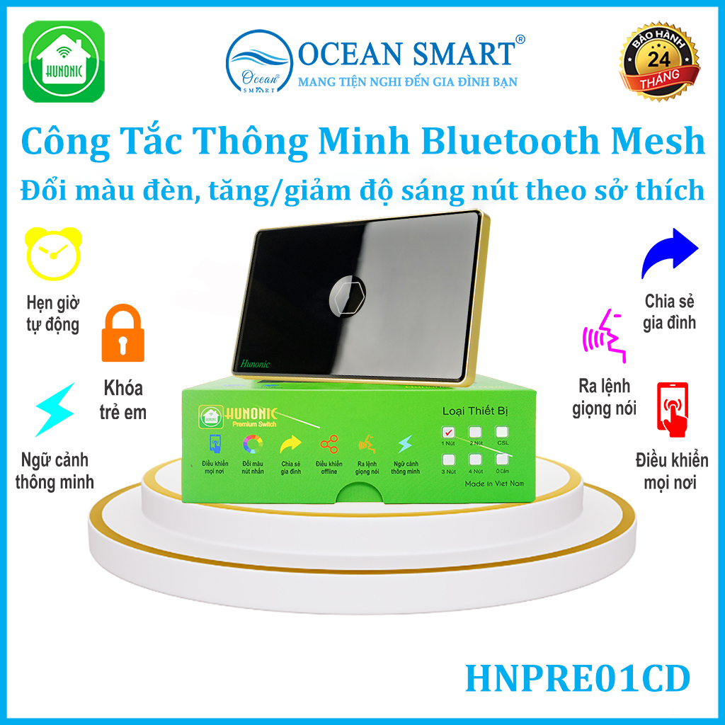 Hình ảnh Công Tắc Cảm Ứng Thông Minh Hunonic Premium, Công Tắc Điều Khiển Từ Xa Qua Điện Thoại Viền Vàng - HNPRECD