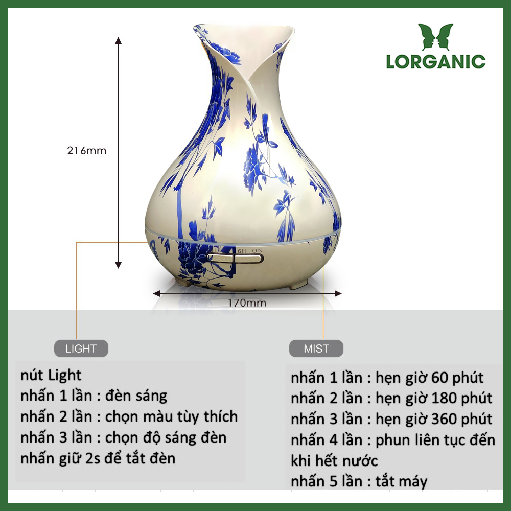 Combo máy khuếch tán/ máy xông tinh dầu Lorganic Bình Hoa Tulip Trắng FX2070 (Có remote) + tinh dầu sả chanh Lorganic (10ml)/ Phun sương sóng siêu âm/ Thích hợp xông phòng 15-40 m2