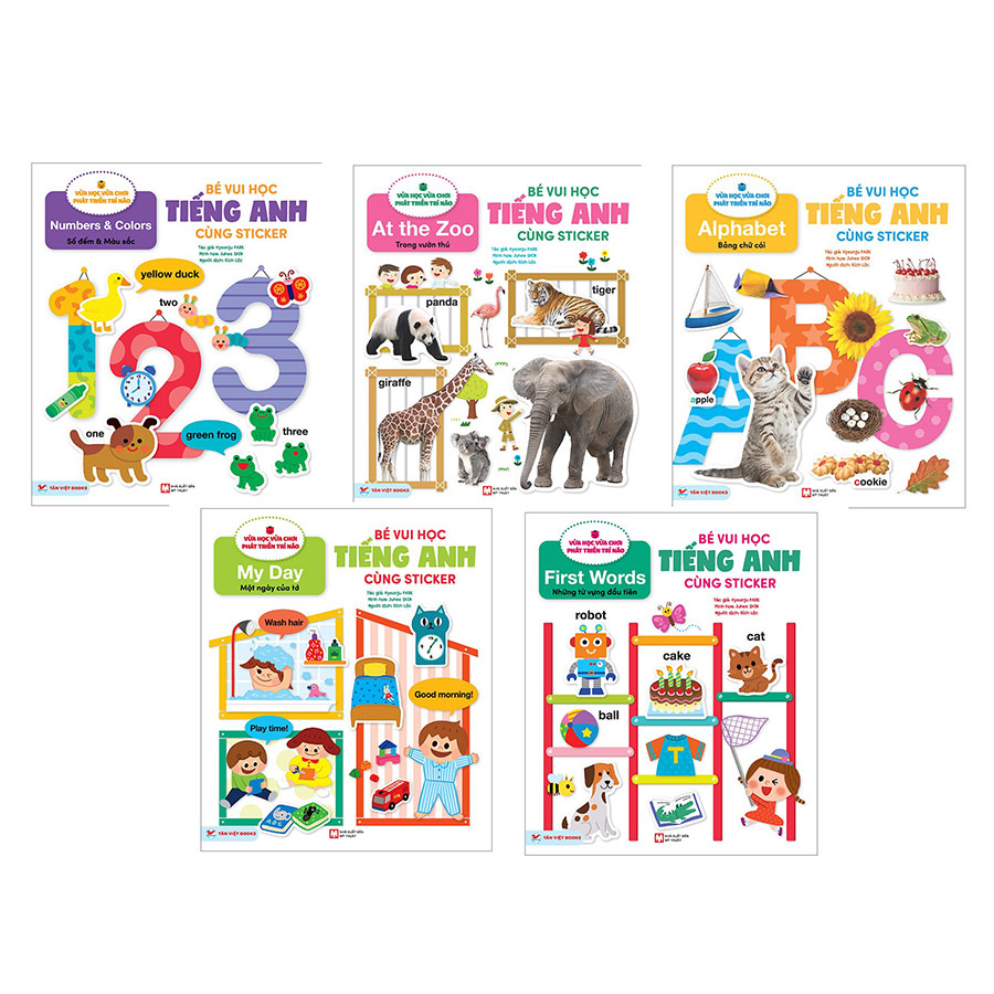 Combo: Bé vui học tiếng anh cùng Sticker: Số đếm và Màu sắc + Trong vườn thú + Bảng chữ cái + Một ngày của tớ + Những từ vựng đầu tiên