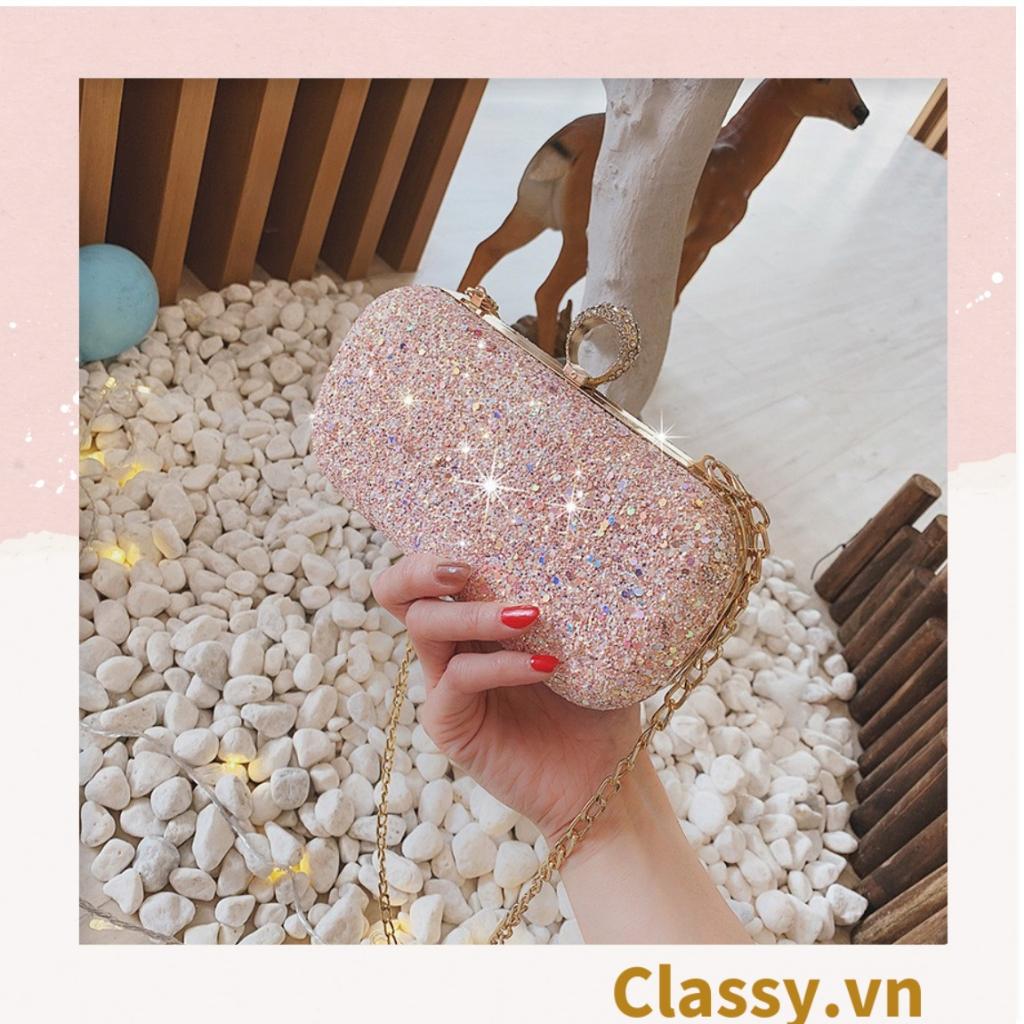 Clutch Classy cầm tay đi tiệc hình thoi , đính kim tuyến lấp lánh T590
