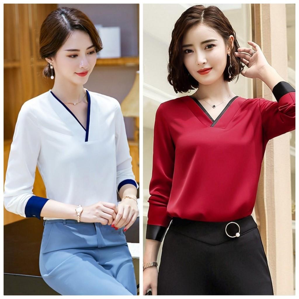 Áo sơ mi cổ v viền màu