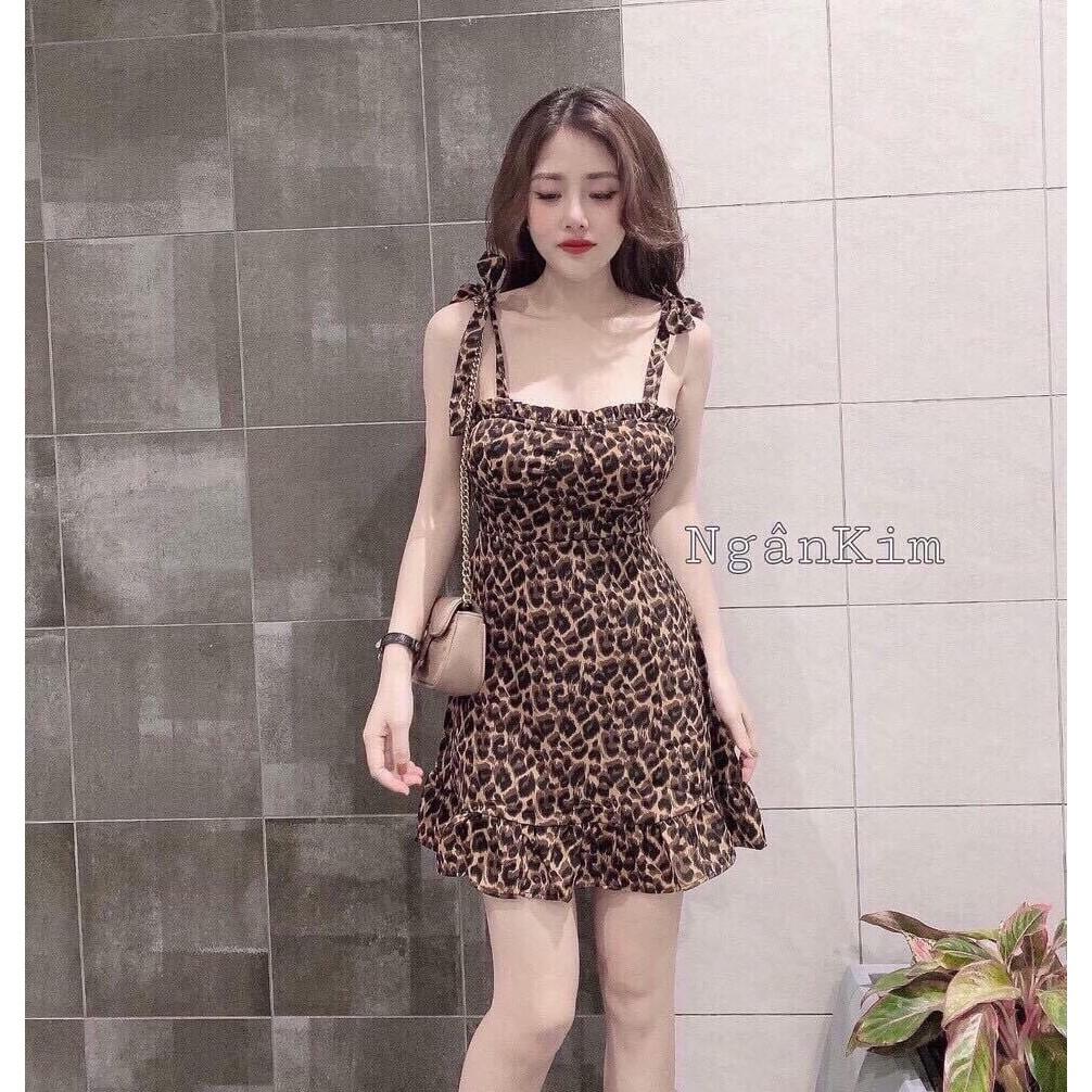 Đầm xoè 2s cột nơ hoạ tiết da beo kèm mút