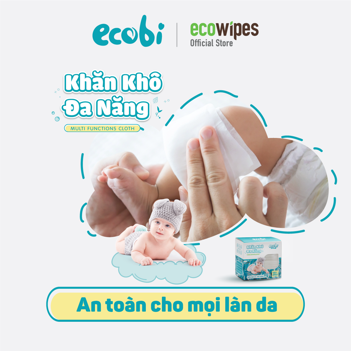Thùng 27 Khăn khô hộp Ecobi  180 tờ dùng thay khăn sữa an toàn cho trẻ sơ sinh