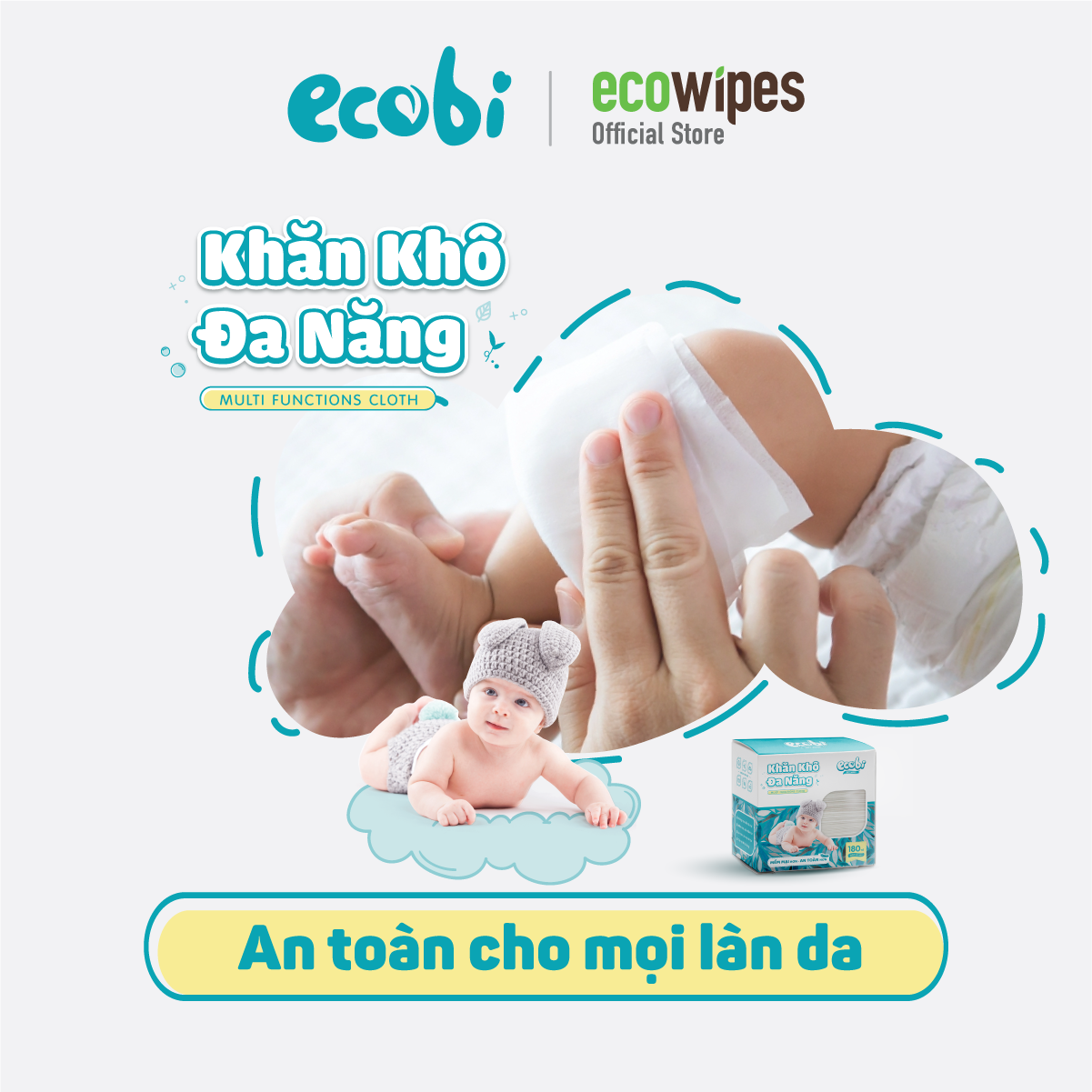 Combo 05 hộp khăn khô đa năng cho bé Ecobi hộp 180 tờ dùng thay khăn sữa an toàn cho trẻ sơ sinh