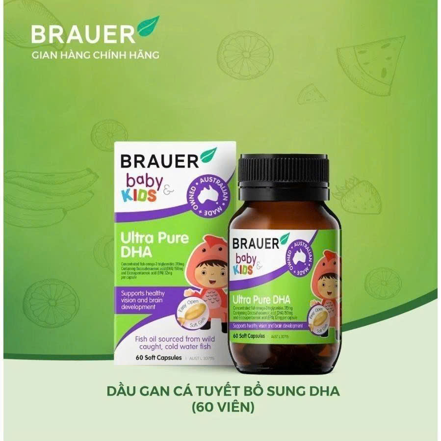 Viên uống Vitamin Brauer Ultra Pure DHA Bổ sung DHA tinh khiết cho trẻ từ 7 tháng 60 Viên