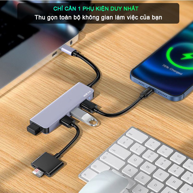 HUB USB 3.0 và HUB Type C tốc độ cao 4 trong 1 hợp kim nhôm cao cấp tương thích cho máy tính, laptop