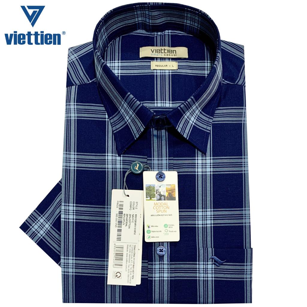 Việt Tiến - Áo sơ mi nam ngắn tay xẻ tà lai ngang Sợi gỗ sồi Modal Cotton Regular Ca rô Xanh đen 6S0126