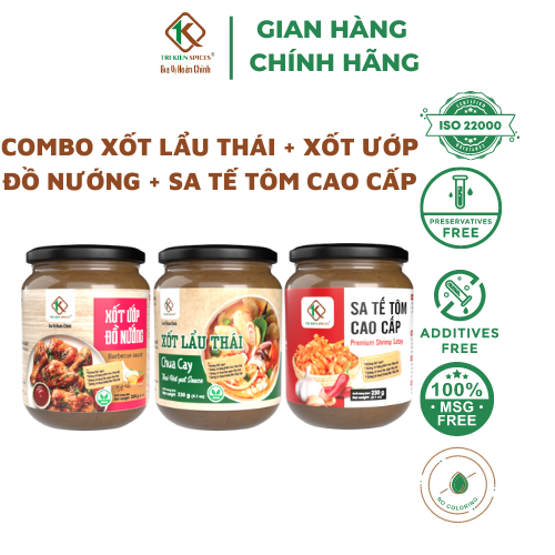 Combo gia vị hoàn chỉnh Tri Kien Spices: Xốt Lẩu Thái 230g + Xốt ướp đồ nướng 230g + Sa tế tôm cao cấp 230g