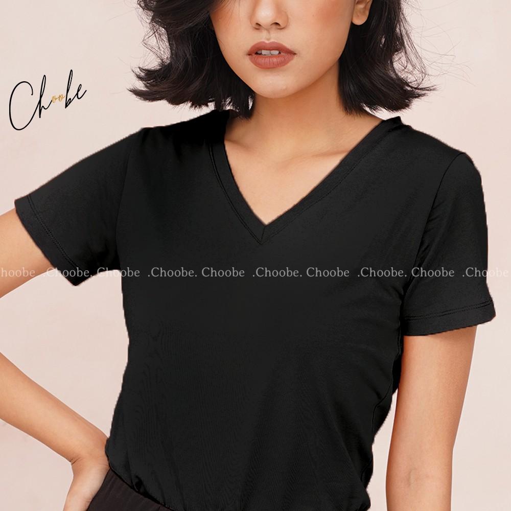 Áo thun nữ Choobe cộc tay cổ tim dáng suông phông trơn vải cotton co giãn tốt - A18