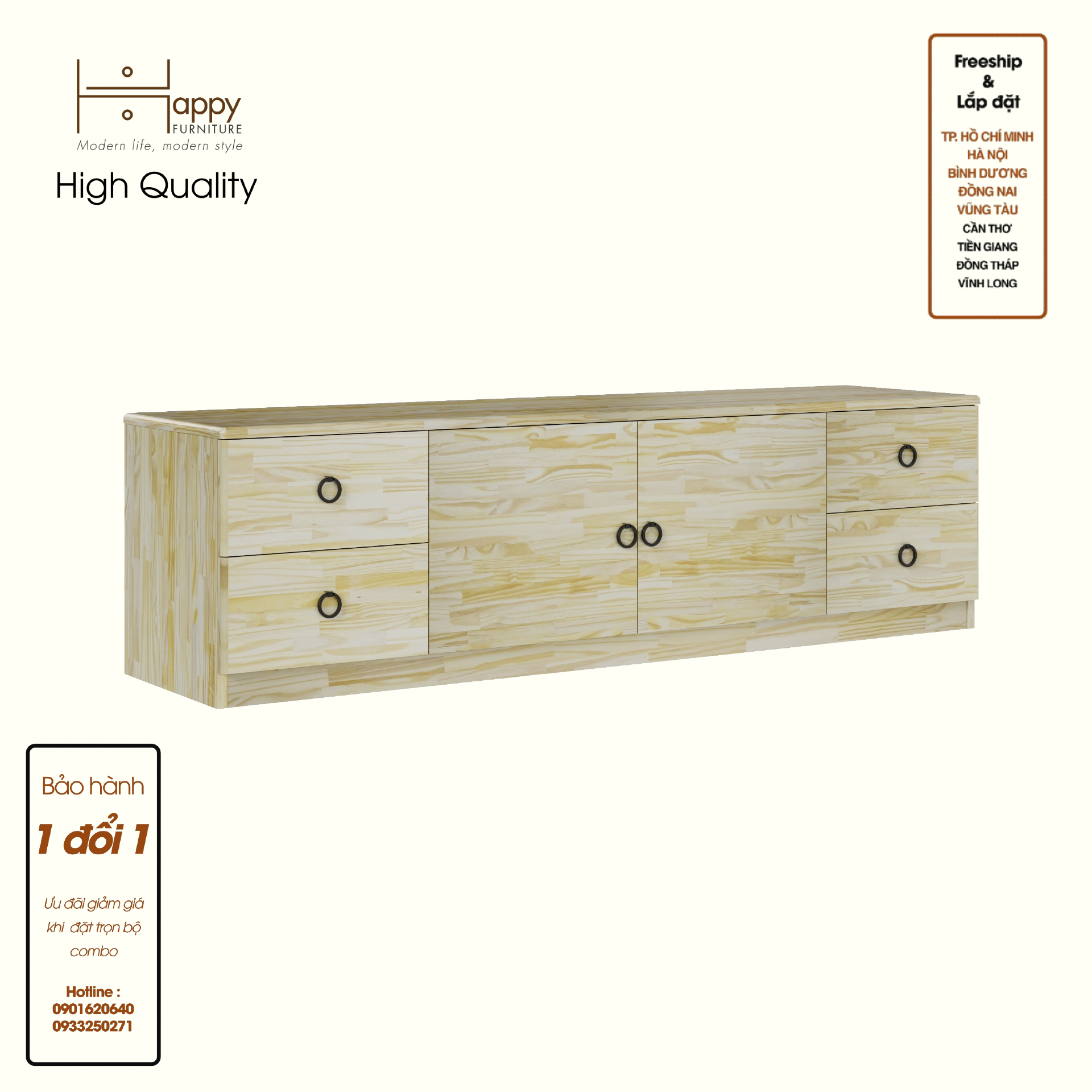 HAPPY FURNITURE , Gỗ tự nhiên , Kệ TV 2 cửa mở 4 ngăn kéo - YANNA , KTV_058_THG , 160cm x 40cm x 45cm