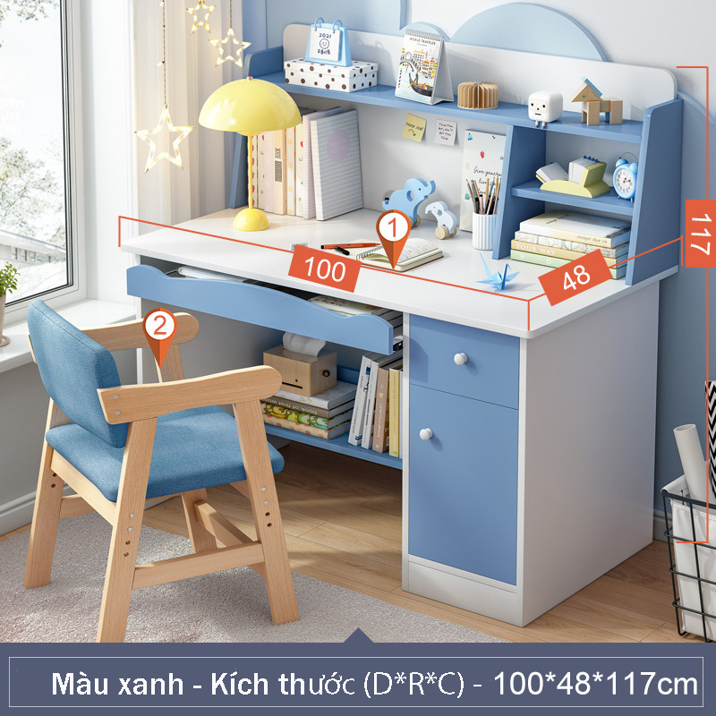 Bàn học sinh kích thước nhỏ màu sắc tươi sáng gỗ mdf cao cấp, bàn máy tính làm việc liền kệ sách trên bàn tiện lợi