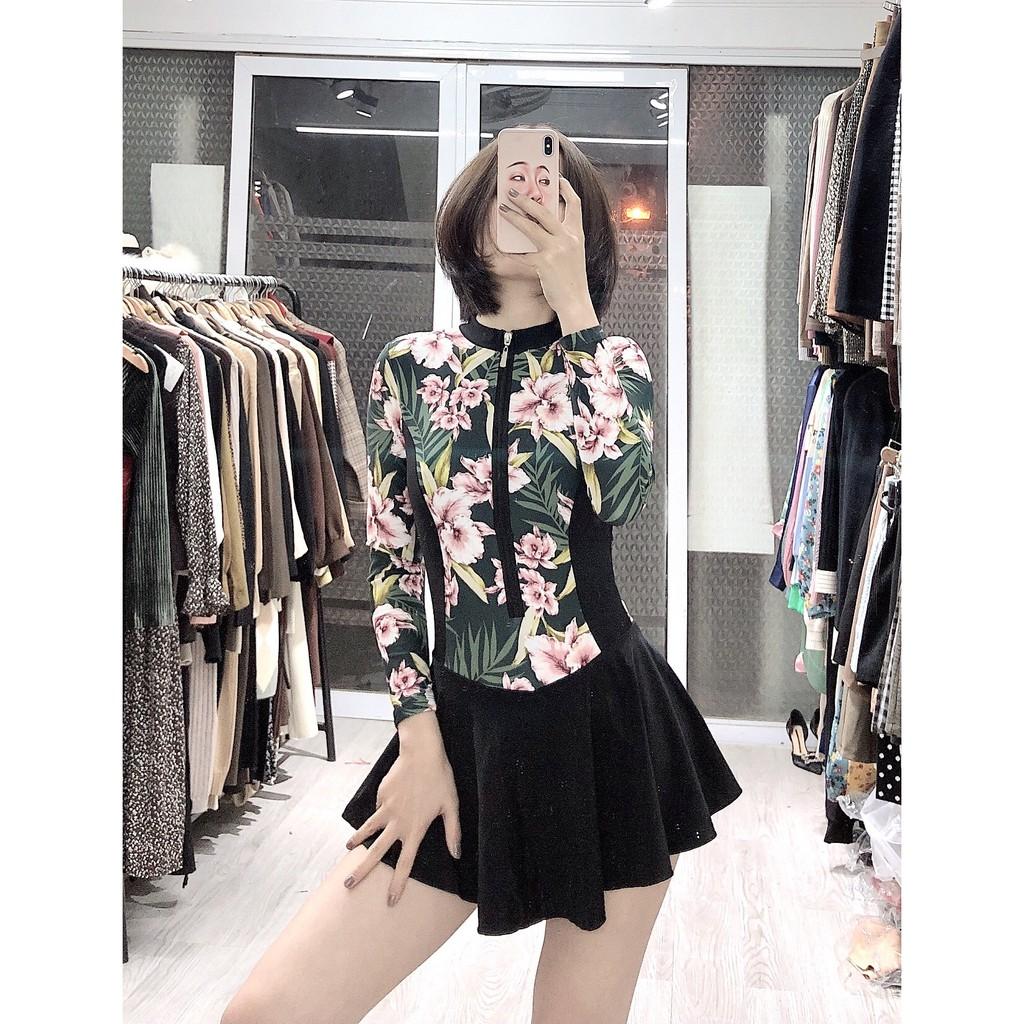 Đồ bơi nữ bikini nữ 1 mảnh liền thân tay dài họa tiết chân váy xòe có quần lót trong kín đáo LM002