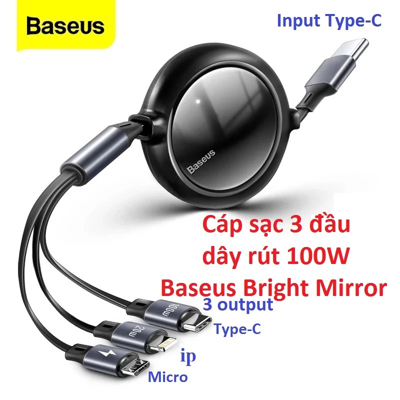 Cáp dây rút đa năng 3IN1 3 đầu i+M+C 100W Baseus Bright Mirror - Hàng chính hãng